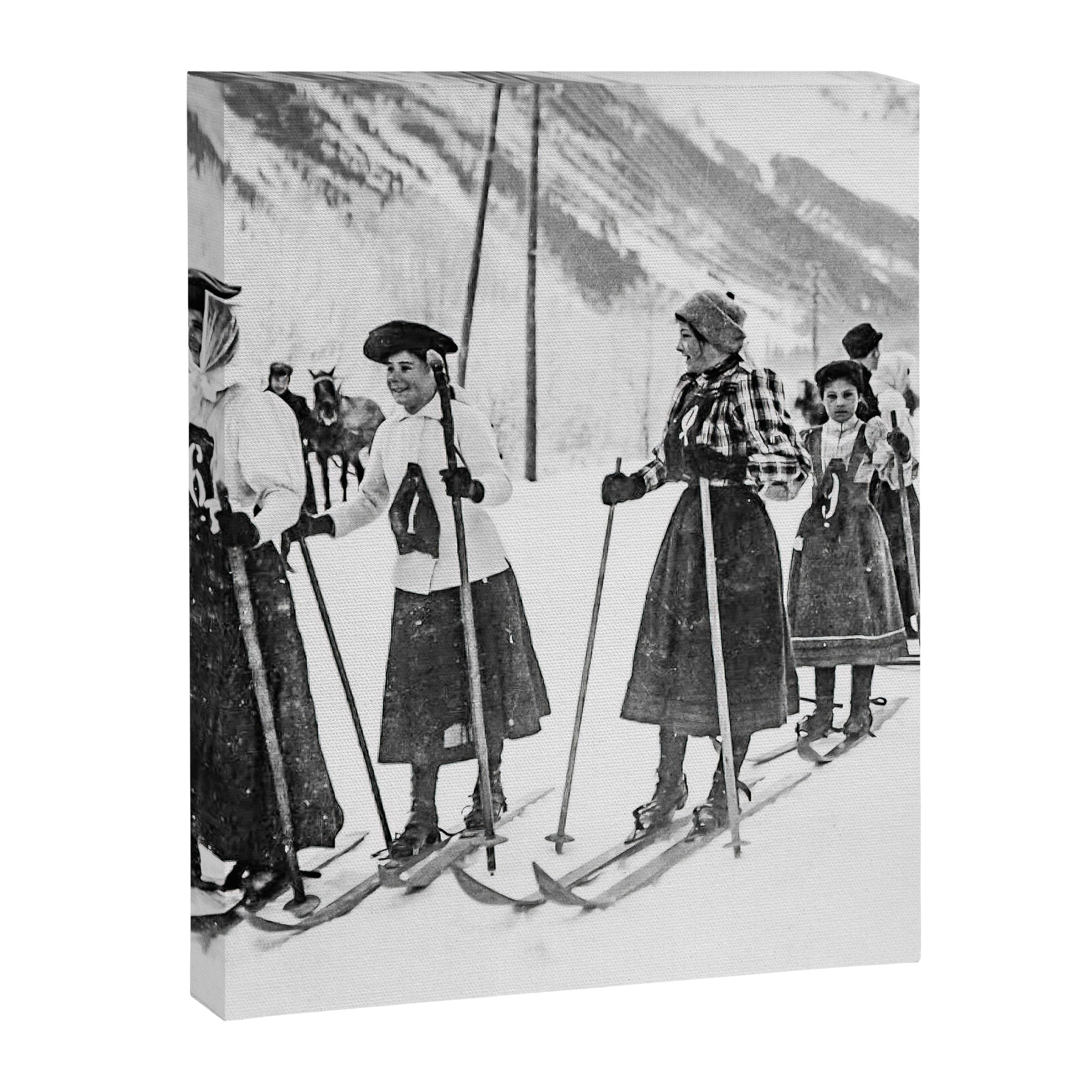 Victorian Ski Ladies, Black and White Vintage Art Canvas Print Gallery Image 6