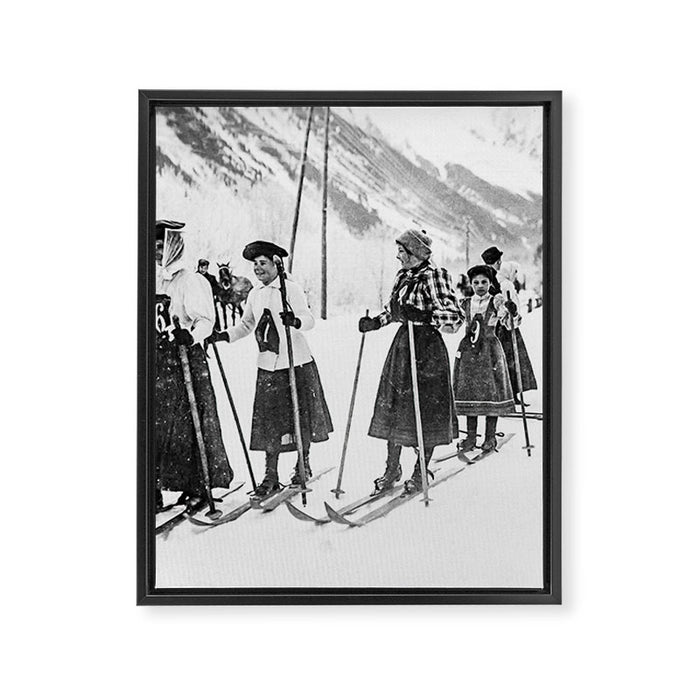 Victorian Ski Ladies, Black and White Vintage Art Framed Canvas Print Gallery Image 1