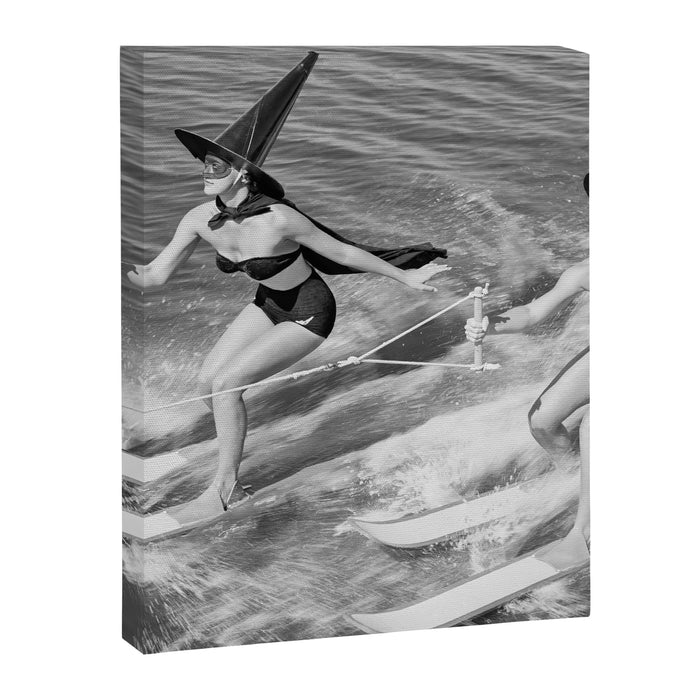 WaterSkiing Witches, Halloween, Black and White Vintage Art Canvas Print Gallery Image 1