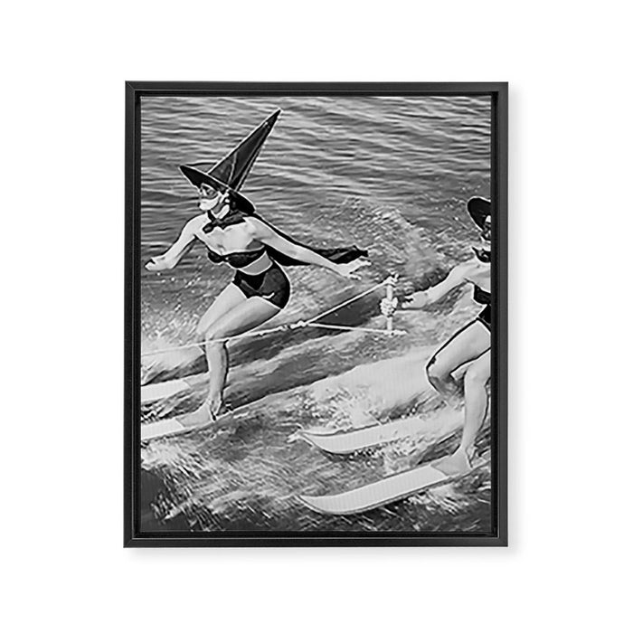 WaterSkiing Witches, Halloween, Black and White Vintage Art Framed Canvas Print Gallery Image 1