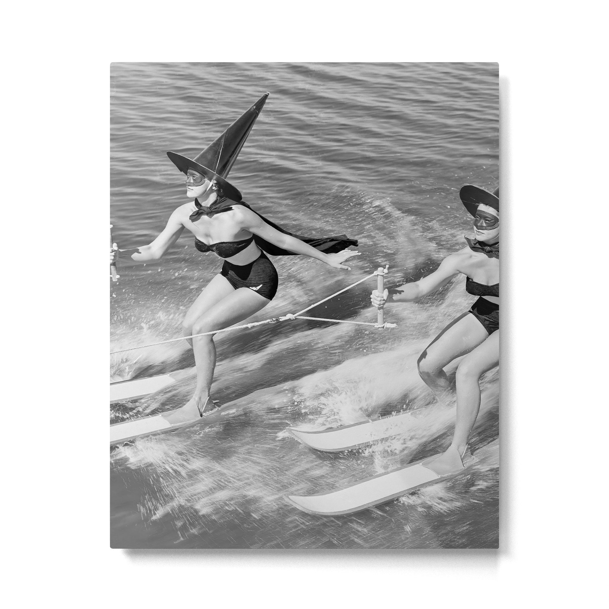 WaterSkiing Witches, Halloween, Black and White Vintage Art Metal Print Gallery Image 4