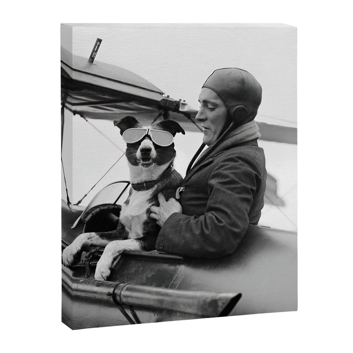 Woman Pilot and Dog, Black and White Vintage Art Canvas Print Gallery Image 1