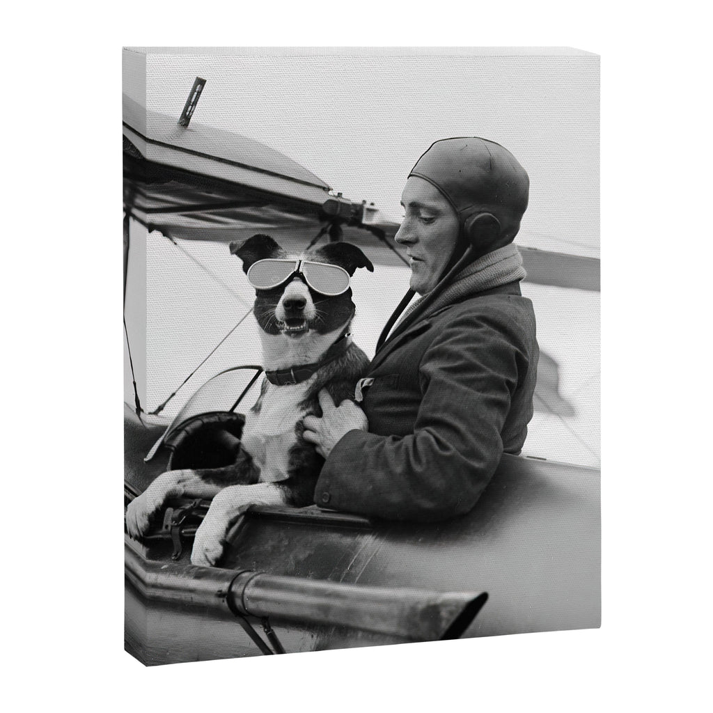 Woman Pilot and Dog, Black and White Vintage Art Canvas Print Gallery Image 6