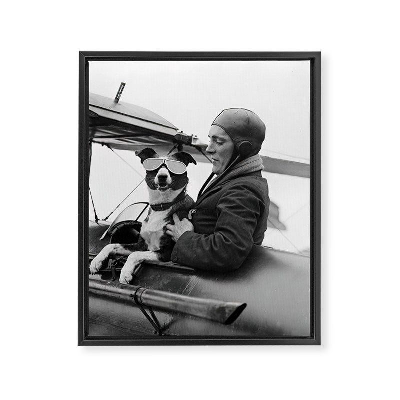 Woman Pilot and Dog, Black and White Vintage Art Framed Canvas Print Gallery Image 6