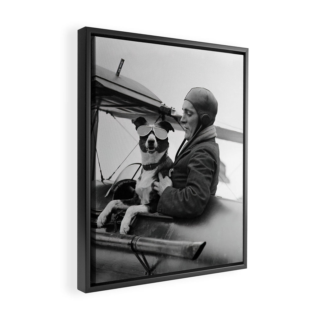 Woman Pilot and Dog, Black and White Vintage Art Framed Canvas Print Gallery Image 2