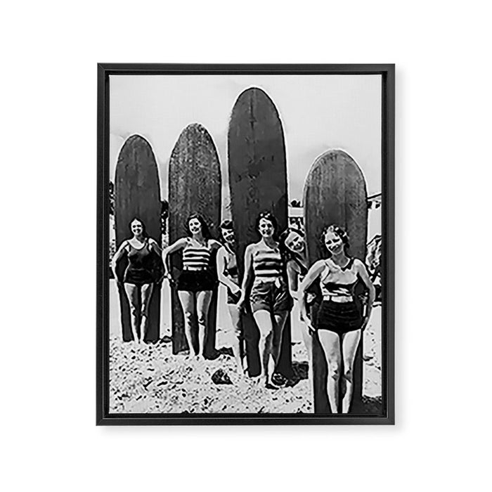 Woman Surfers, Black and White Vintage Beach Art Framed Canvas Print Gallery Image 1