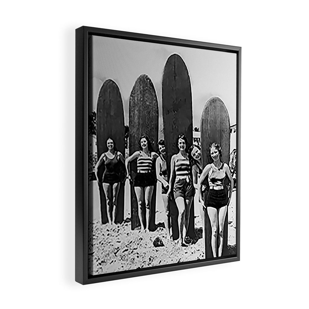 Woman Surfers, Black and White Vintage Beach Art Framed Canvas Print Gallery Image 2