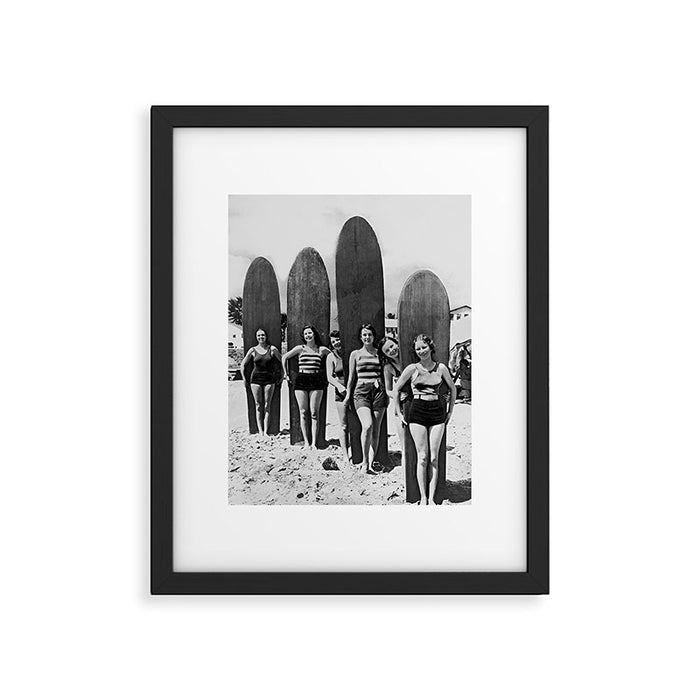 Woman Surfers, Black and White Vintage Beach Art Framed Art Print Gallery Image 1