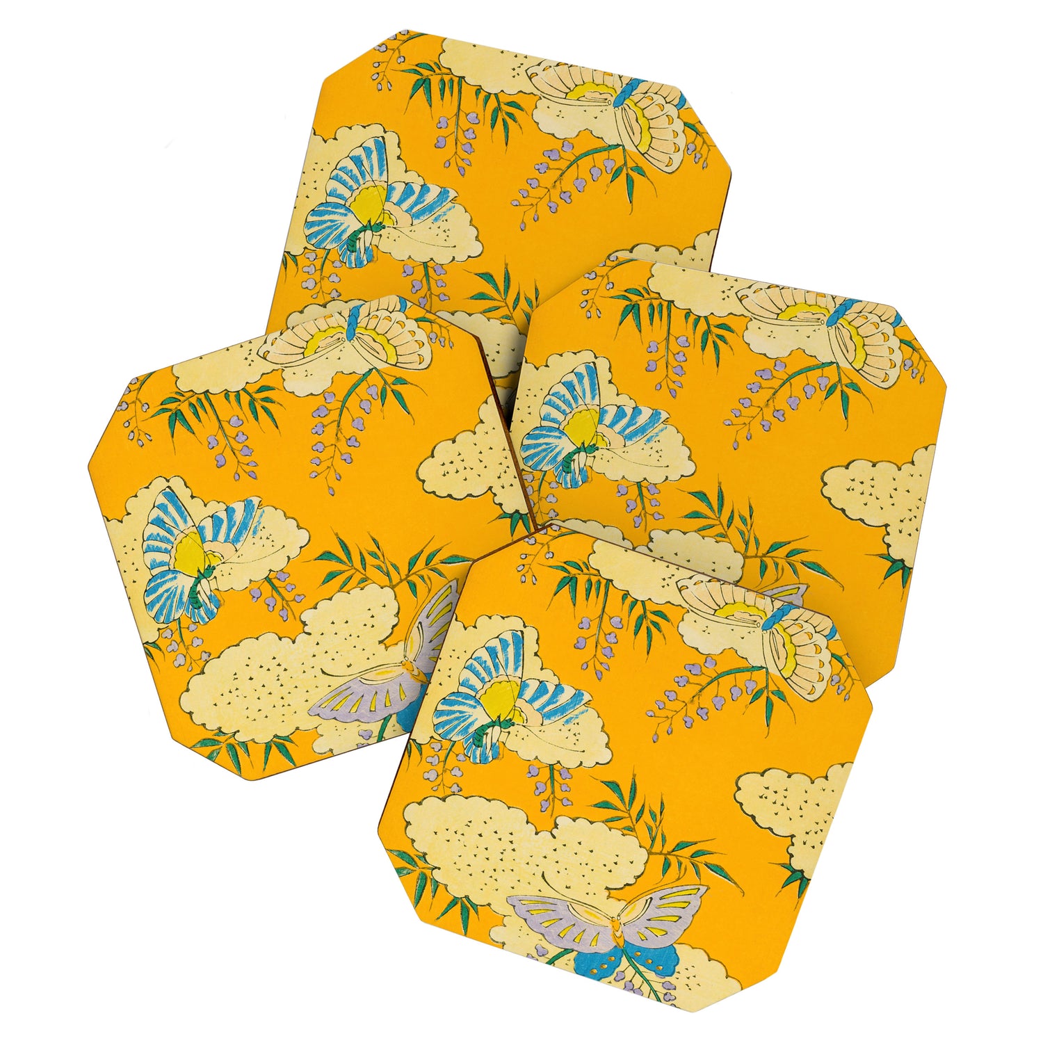 Butterflies on Flowers Vintage Japanese Botanical Print Coaster Gallery Image 1