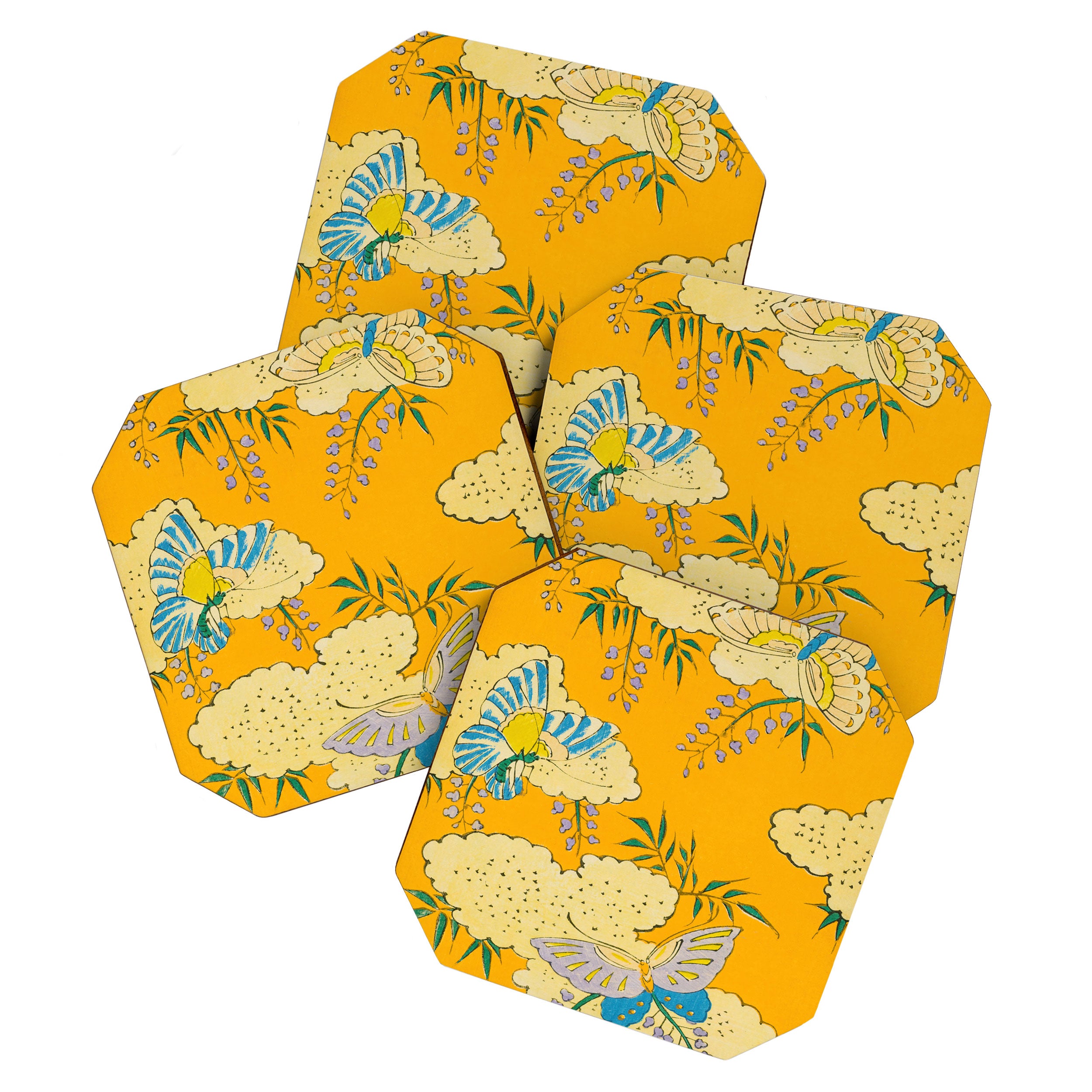 Butterflies on Flowers Vintage Japanese Botanical Print Coaster Gallery Image 1