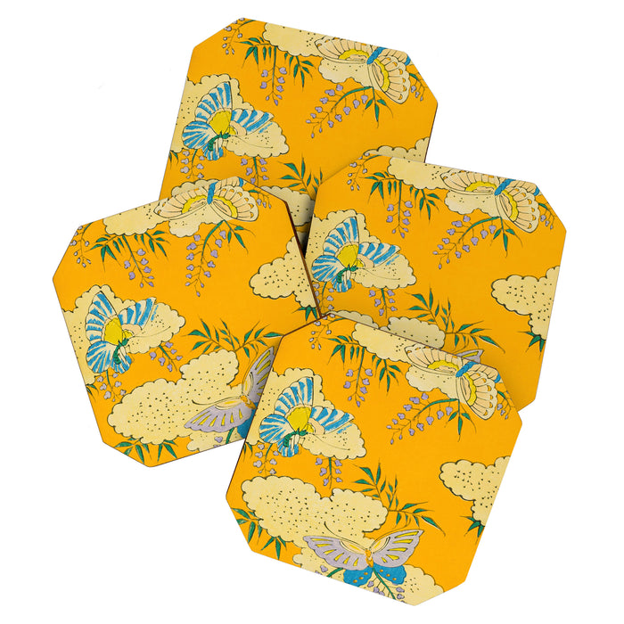 Butterflies on Flowers Vintage Japanese Botanical Print Coaster Gallery Image 1