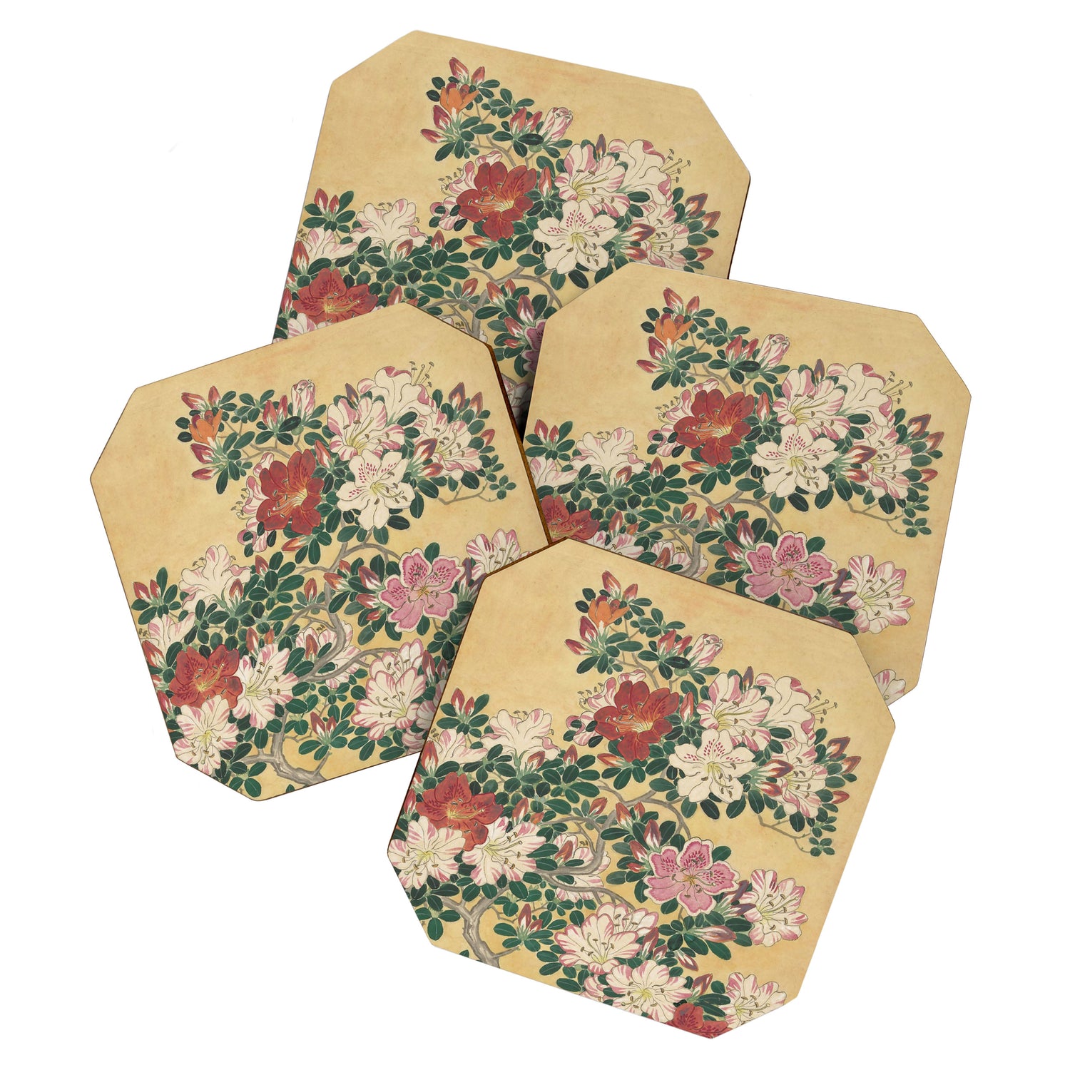 Vintage Flowers Azalea Japanese Painting Coaster Gallery Image 1