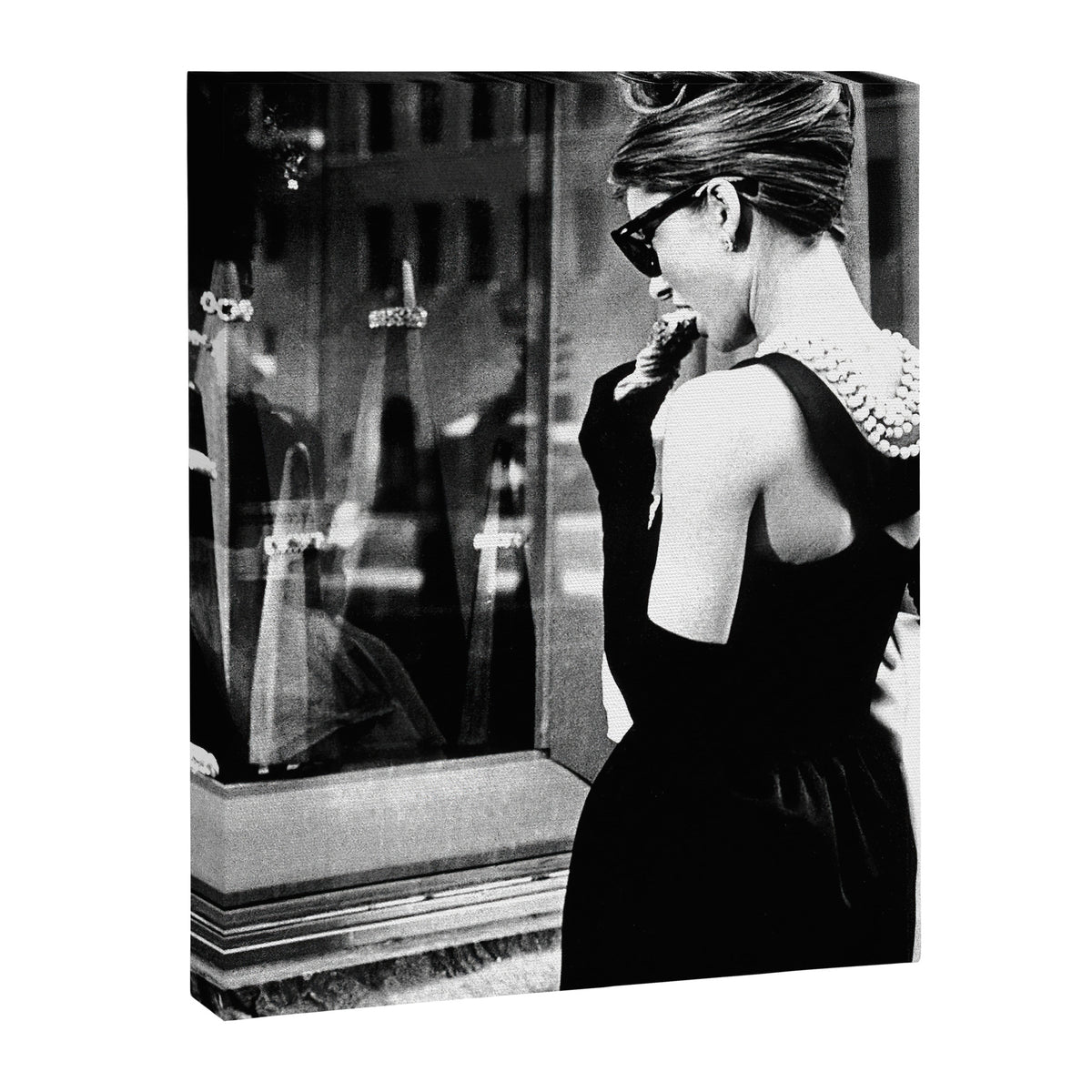 Audrey Hepburn in Black Gown, Jewelry, Vintage Black and White Art Canvas Print Gallery Image 6
