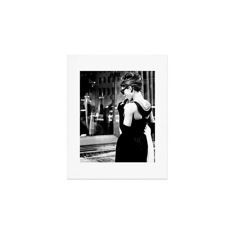 Audrey Hepburn in Black Gown, Jewelry, Vintage Black and White Art Art Print Gallery Image 1