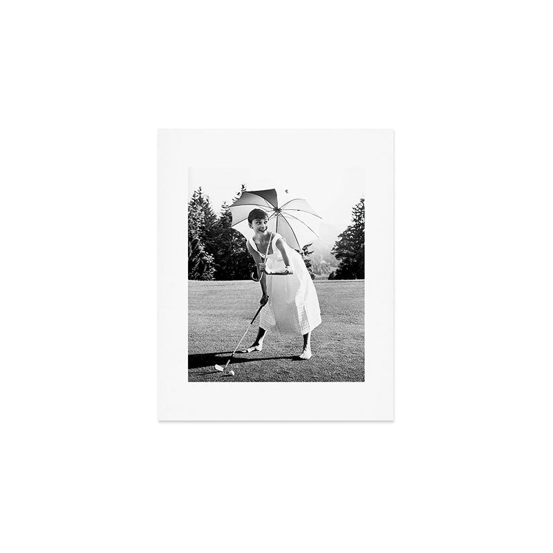 Audrey Hepburn Playing Golf, Black and White Vintage Art Art Print Gallery Image 1