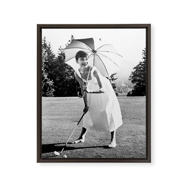 Audrey Hepburn Playing Golf, Black and White Vintage Art Framed Canvas –  Society6