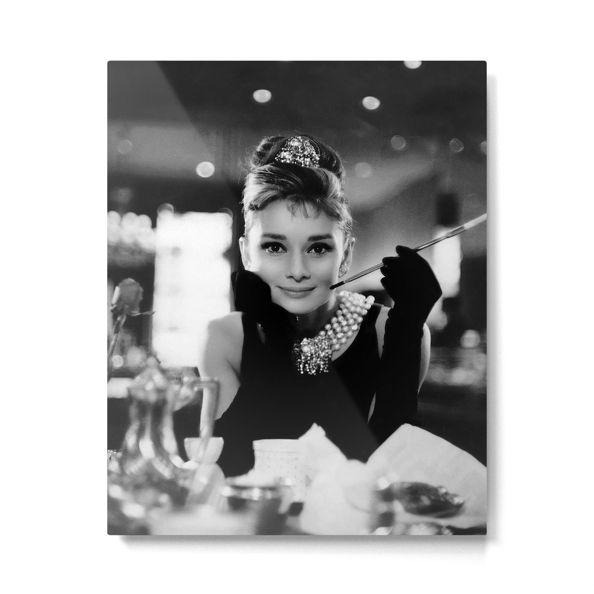 Audrey Hepburn, Tiara, Jewelry, Black and White Wall Art Metal Print Gallery Image 4