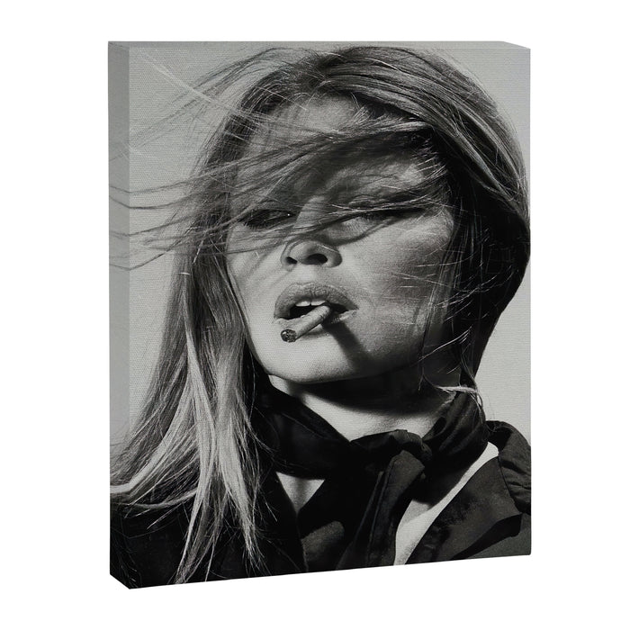 Brigitte Bardot Smoking a Cigarette, Black and White Photograph Canvas Print Gallery Image 1