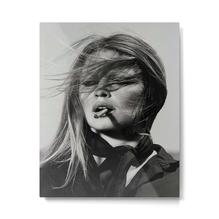 Brigitte Bardot Smoking a Cigarette, Black and White Photograph Metal Print Gallery Image 1