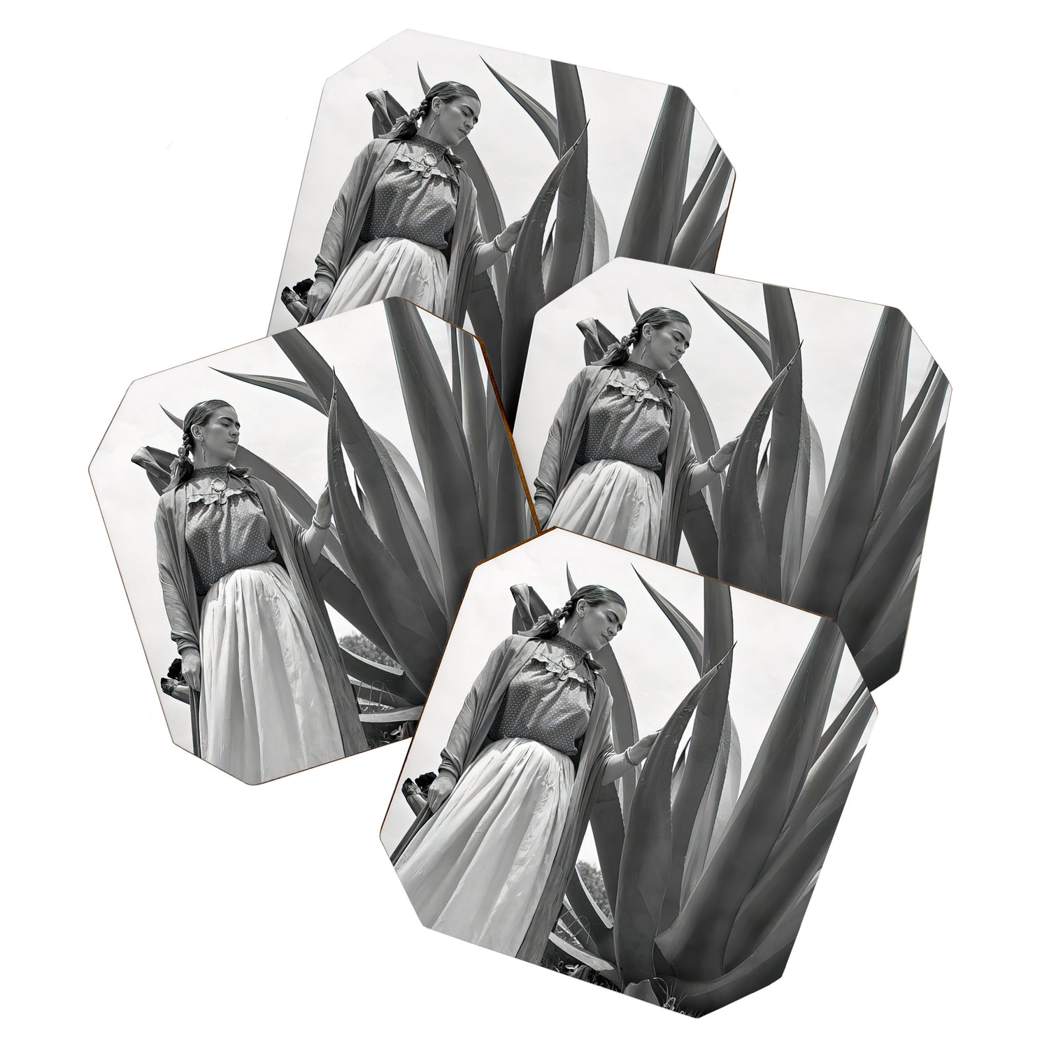 Frida Kahlo and Agave Plant, Black and White, Vintage Art Coaster Gallery Image 1