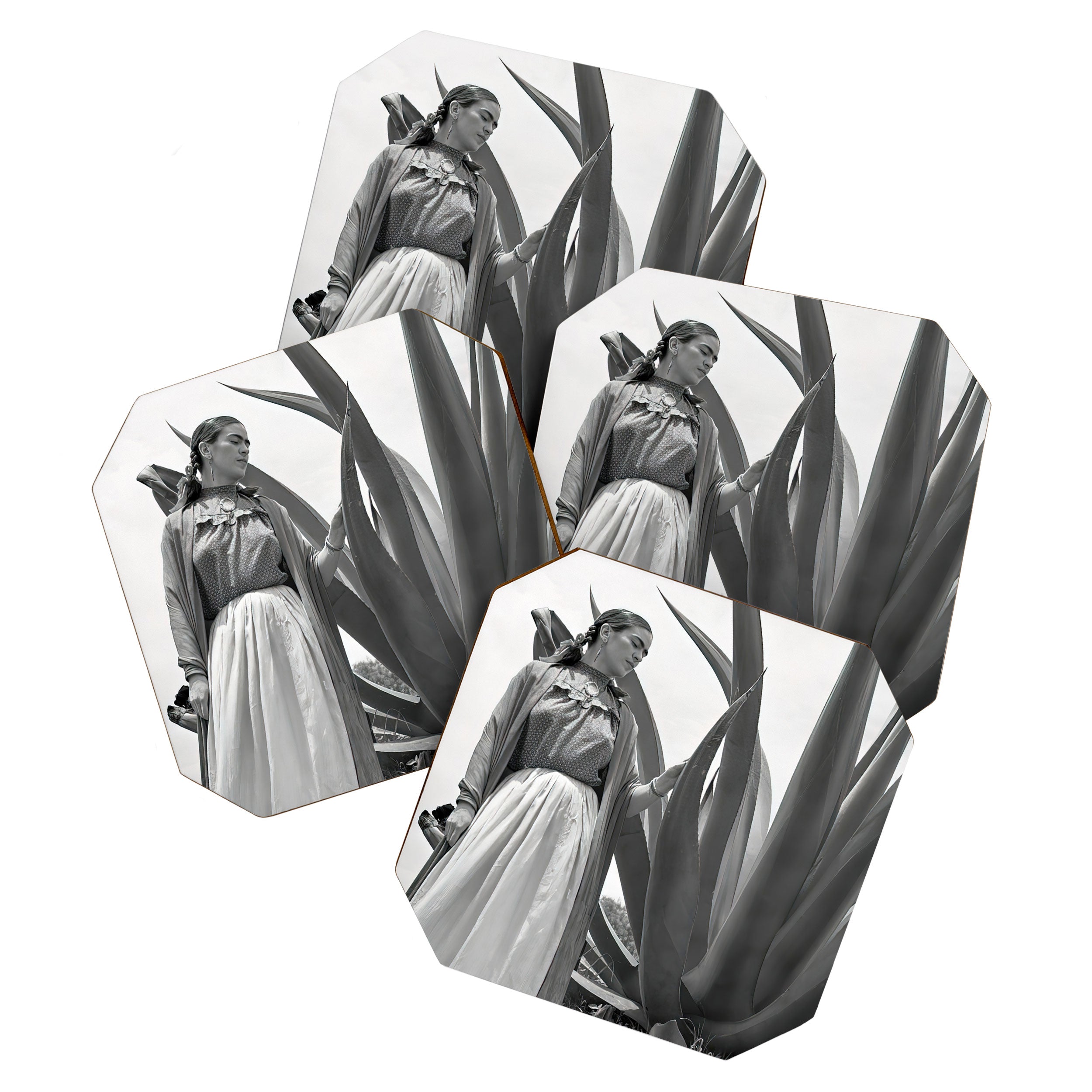 Frida Kahlo and Agave Plant, Black and White, Vintage Art Coaster Gallery Image 1