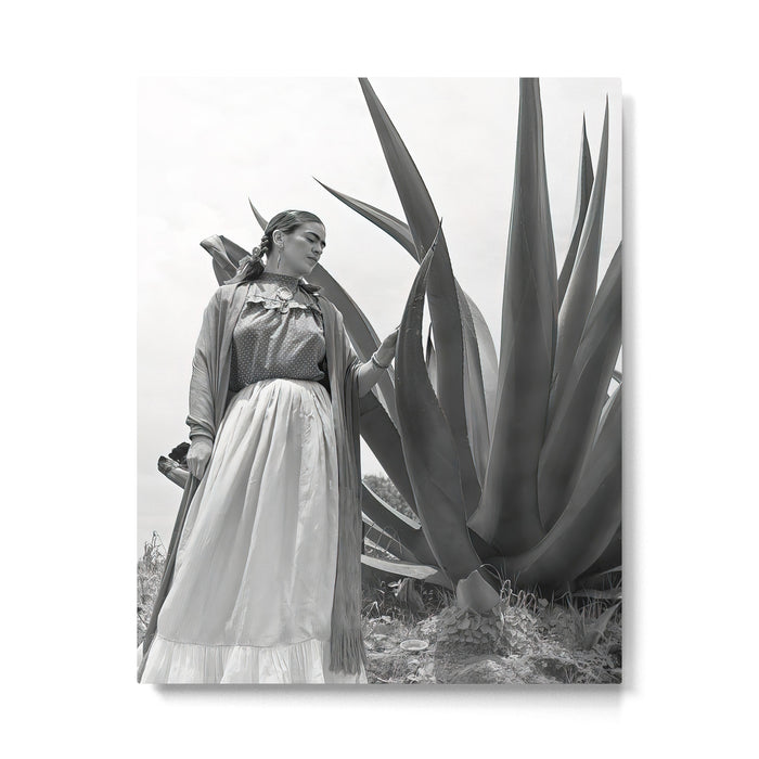 Frida Kahlo and Agave Plant, Black and White, Vintage Art Metal Print Gallery Image 1