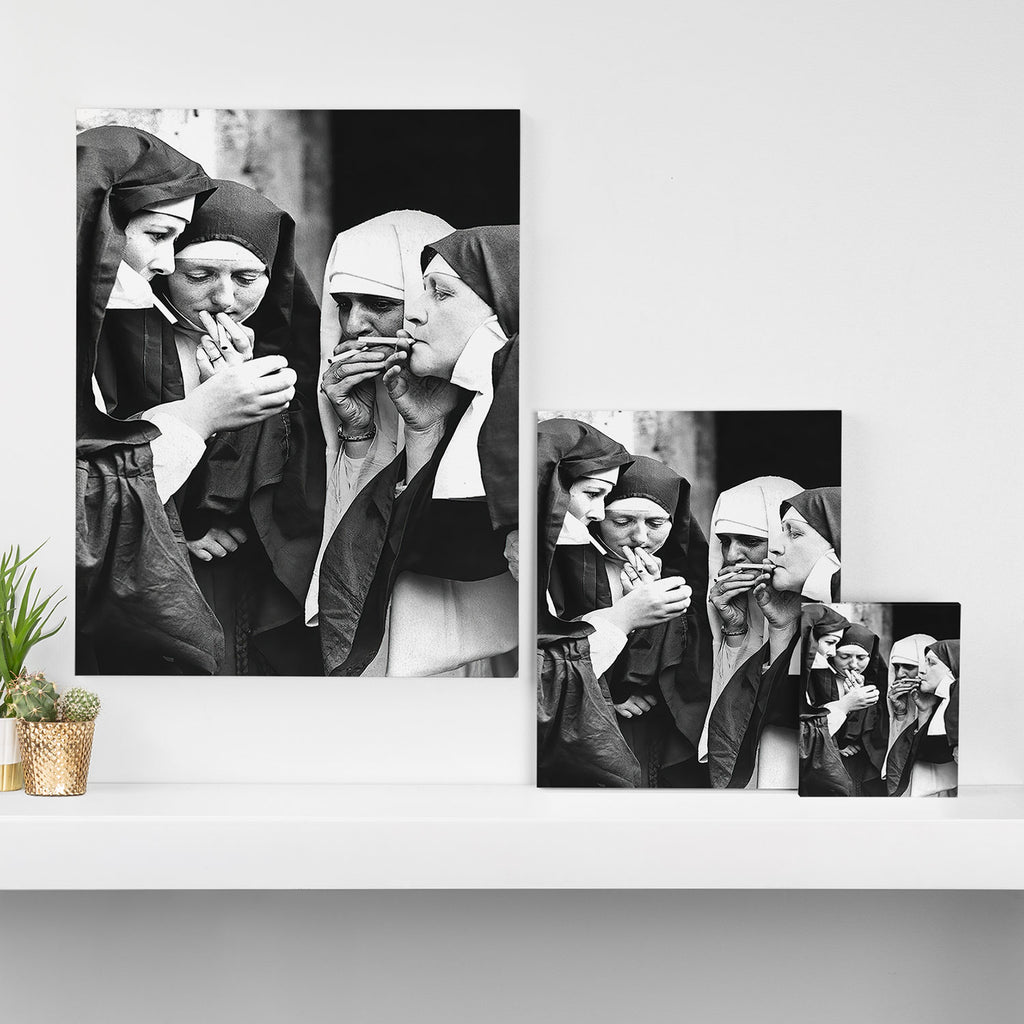 Nuns Smoking, Funny Black and White Vintage Art Canvas Print Gallery Image 3