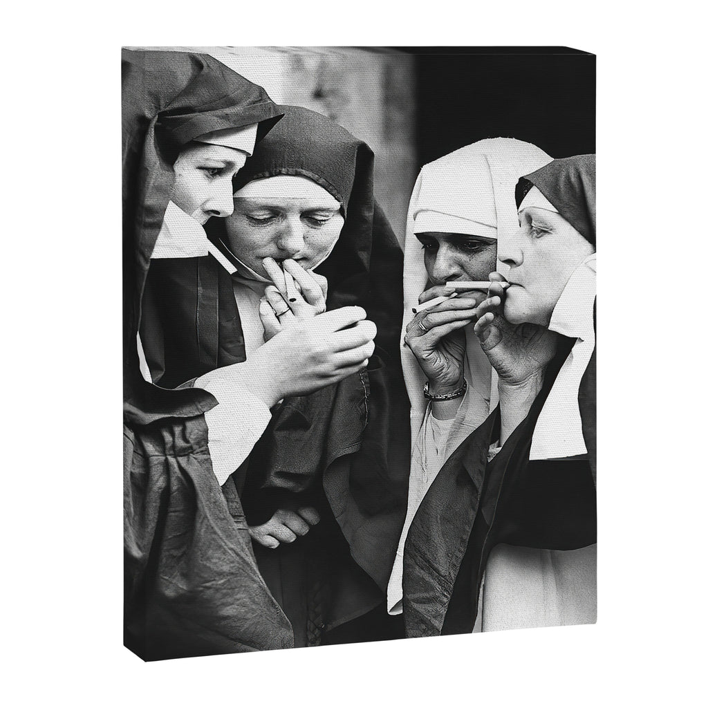Nuns Smoking, Funny Black and White Vintage Art Canvas Print Gallery Image 3