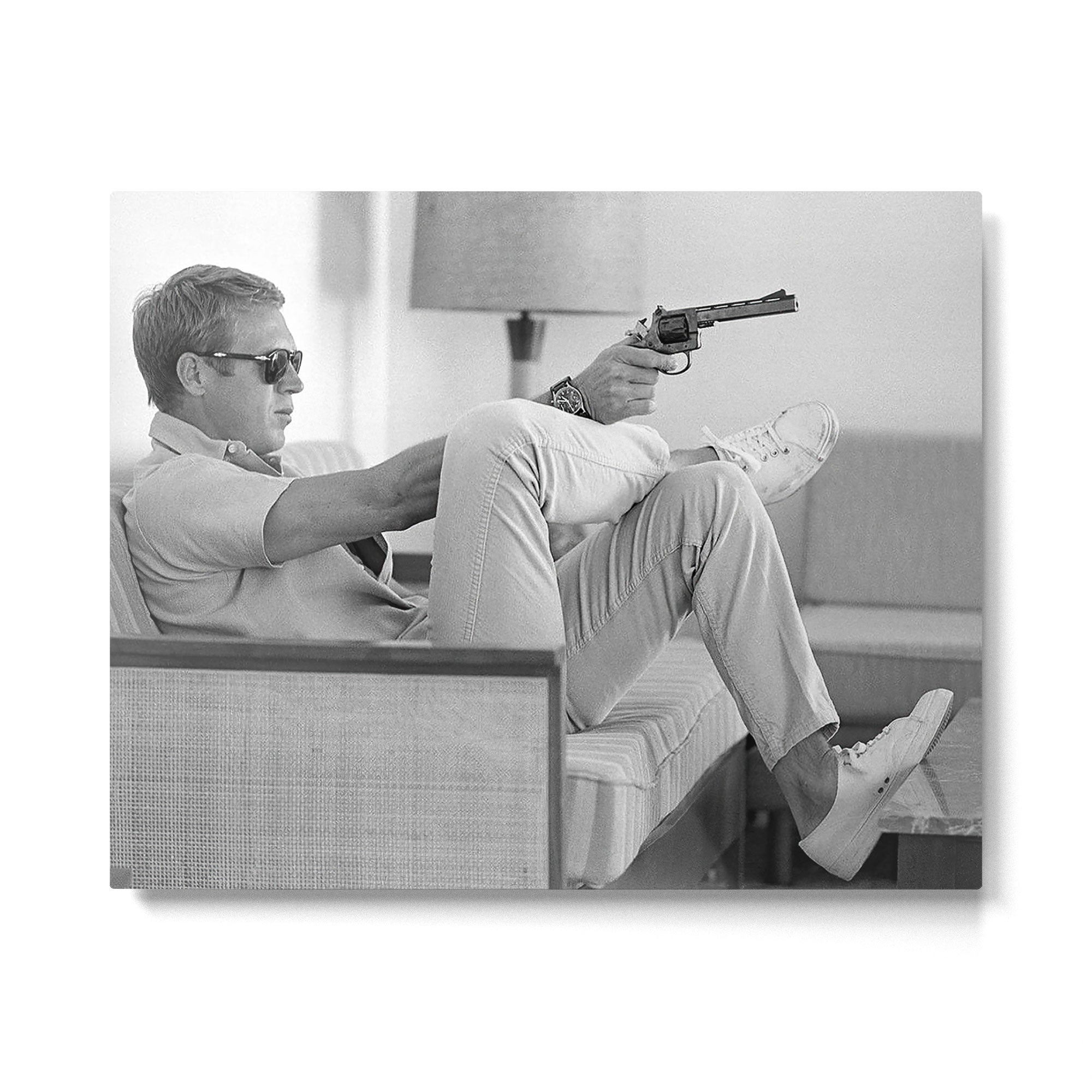Steve McQueen, Gun, Sunglasses, Retro, Black and White, Photograph Metal Print Gallery Image 4