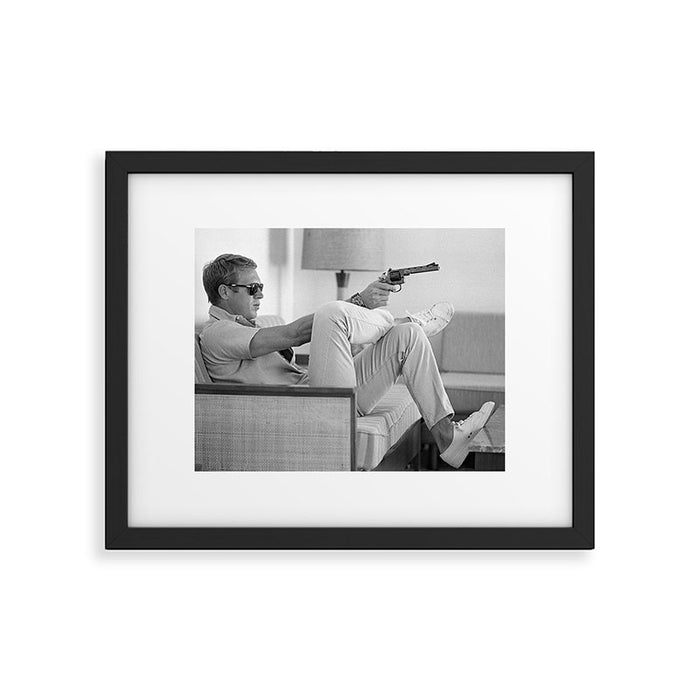 Steve McQueen, Gun, Sunglasses, Retro, Black and White, Photograph Framed Art Print Gallery Image 1