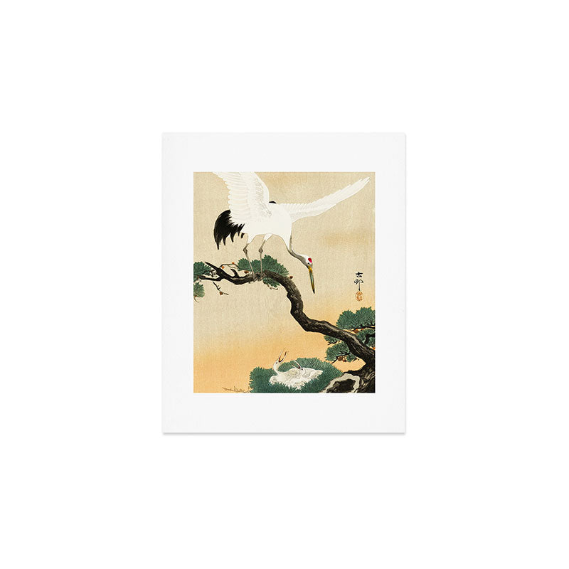 Crane and its chicks on a pine tree  - Vintage Japanese Woodblock Print Art Art Print Gallery Image 1