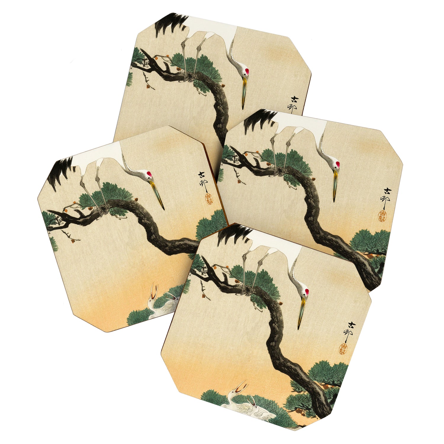 Crane and its chicks on a pine tree  - Vintage Japanese Woodblock Print Art Coaster Gallery Image 1