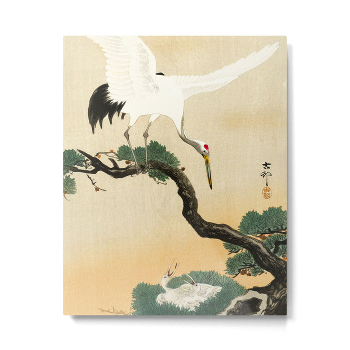 Crane and its chicks on a pine tree  - Vintage Japanese Woodblock Print Art Metal Print Gallery Image 1