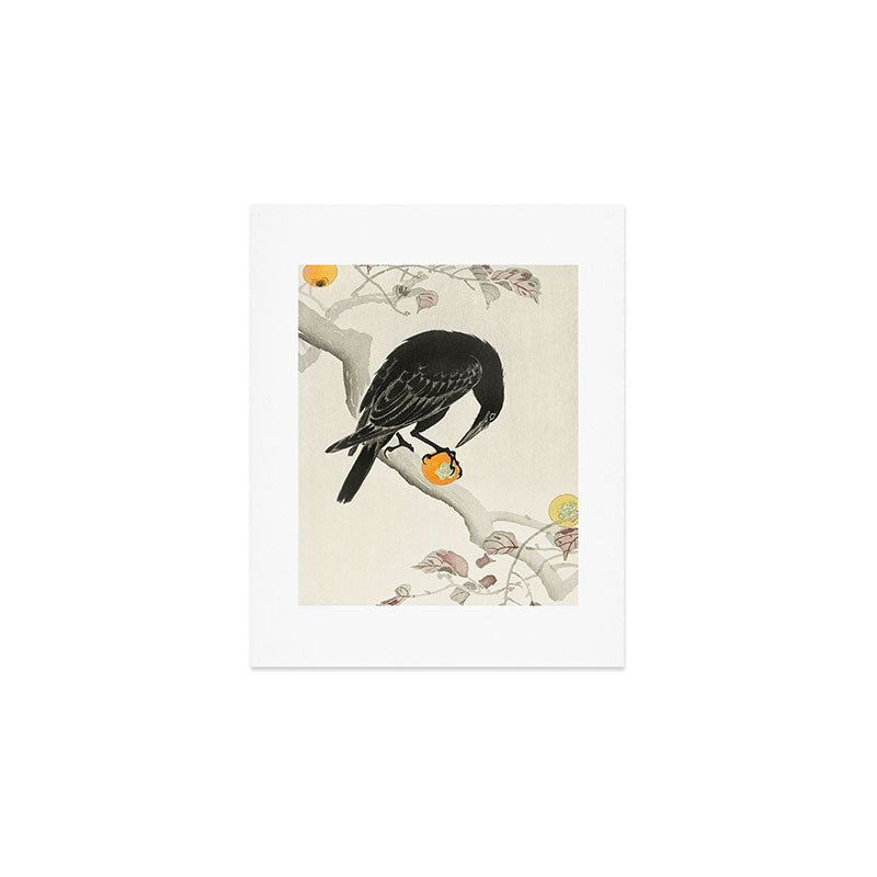 Crow eating persimmon Fruit - Vintage Japanese Woodblock Print Art Art Print Gallery Image 1