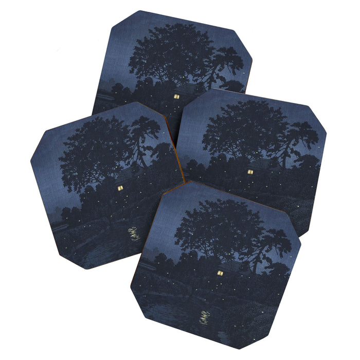 Fireflies Near Minumagawa River - Vintage Japanese Woodblock Print Art By Kawase Hasui Coaster Gallery Image 1