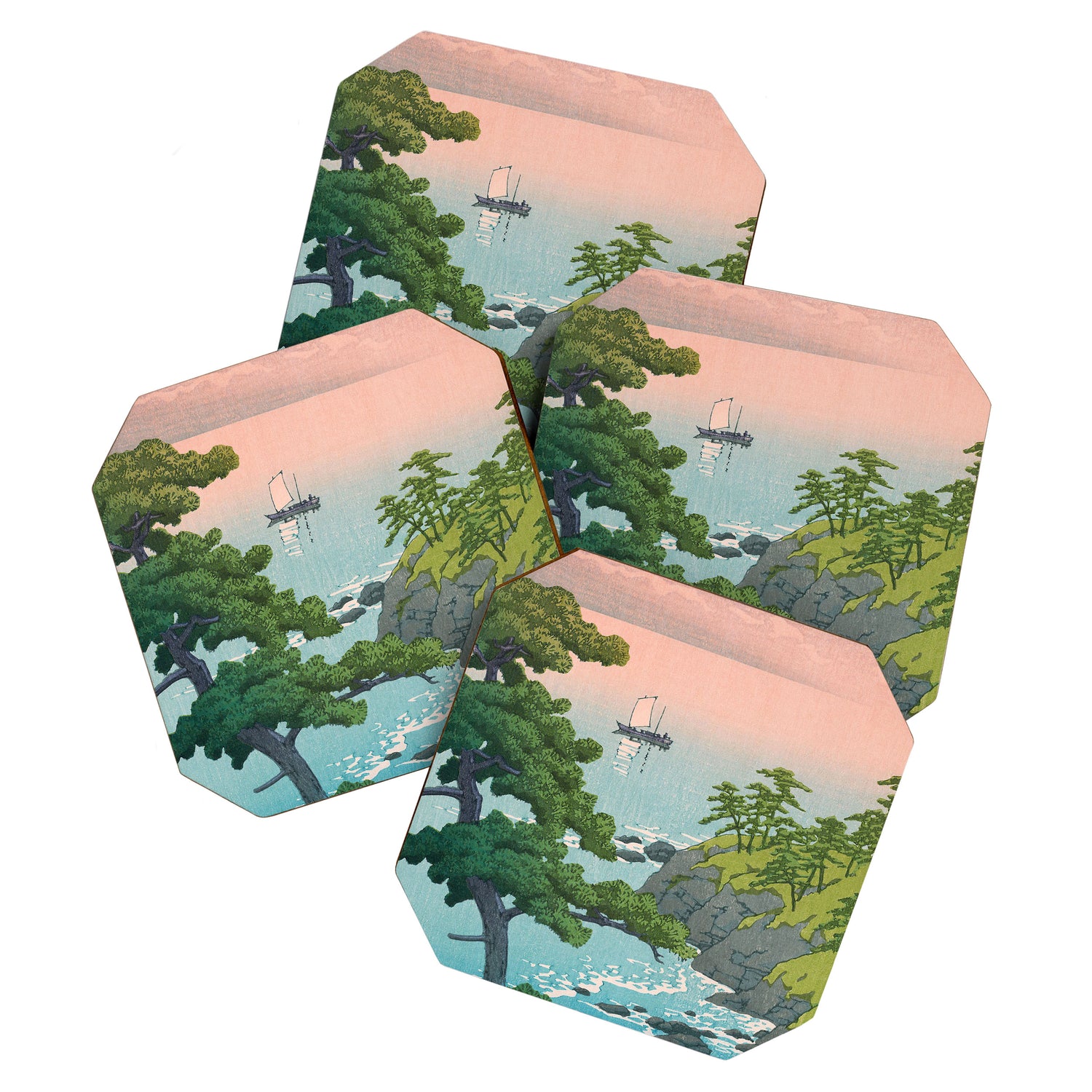Hasui Kawase, Red Clouds Over The Sea - Vintage Japanese Woodblock Print Art Coaster Gallery Image 1