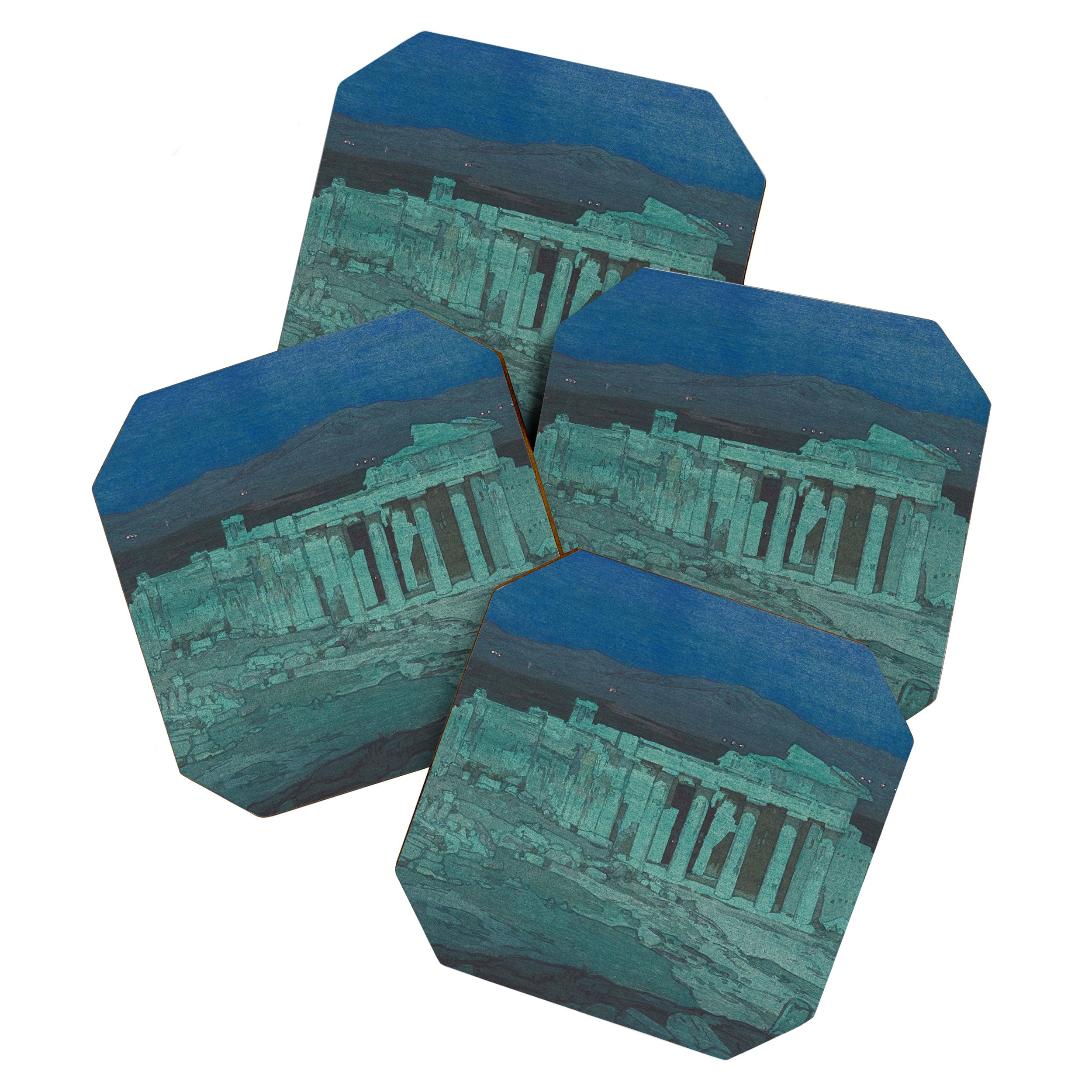 Hiroshi Yoshida, Acropolis Ruins, Athens At Night - Vintage Japanese Woodblock Print Art Coaster Gallery Image 1