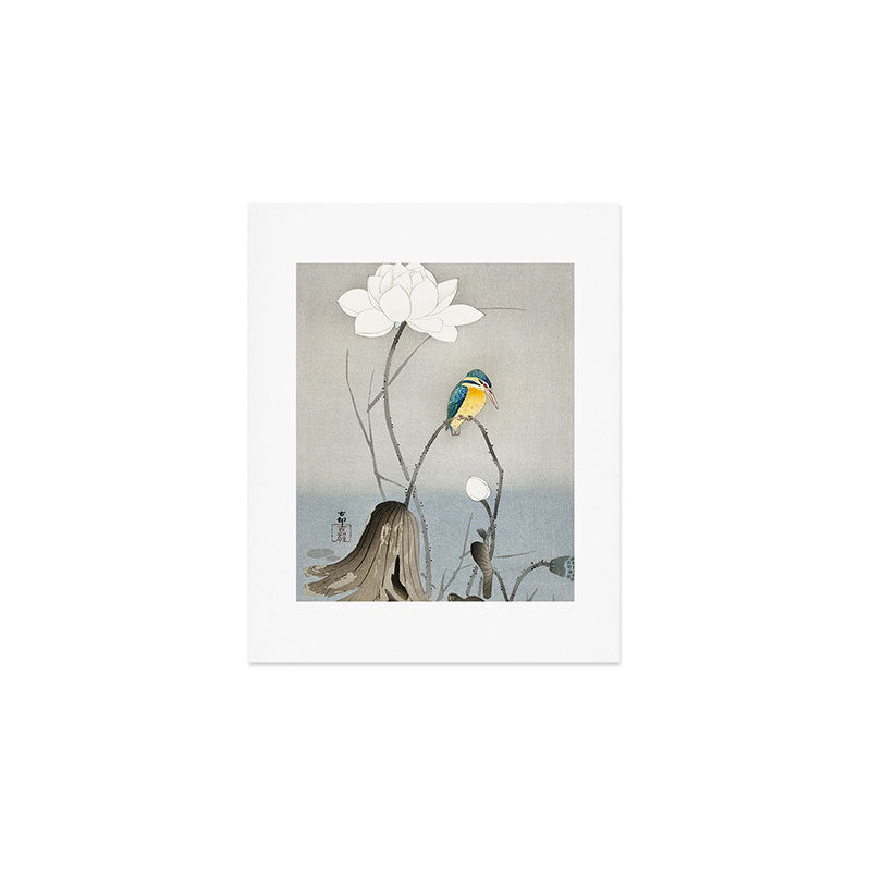 Kingfisher sitting on a lotus flower - Vintage Japanese Woodblock Print Art Art Print Gallery Image 1