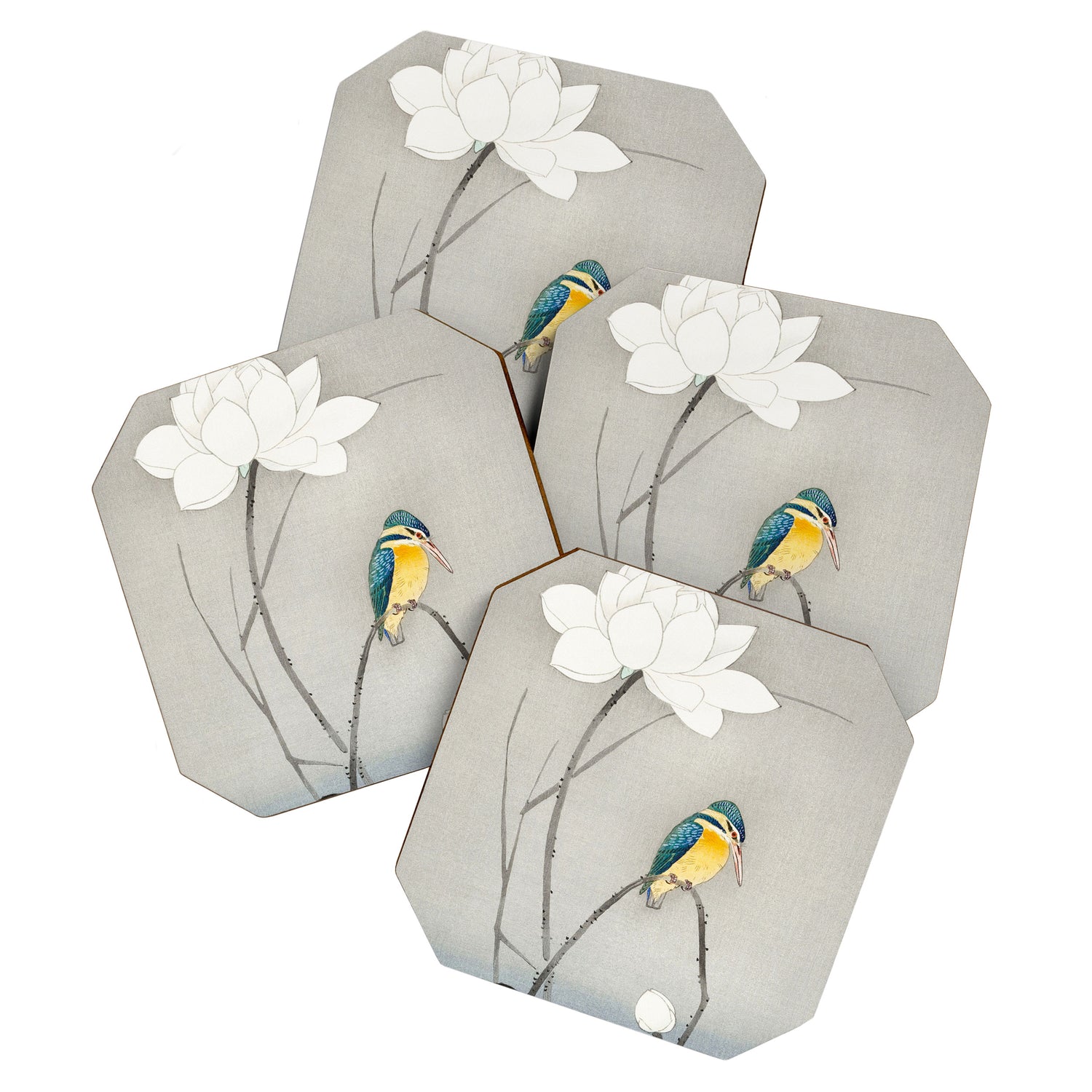 Kingfisher sitting on a lotus flower - Vintage Japanese Woodblock Print Art Coaster Gallery Image 1