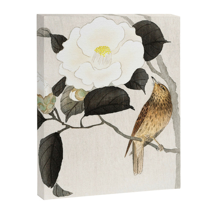 Nightingale on a flowering Camellia - Japanese vintage woodblock print art Canvas Print Gallery Image 1