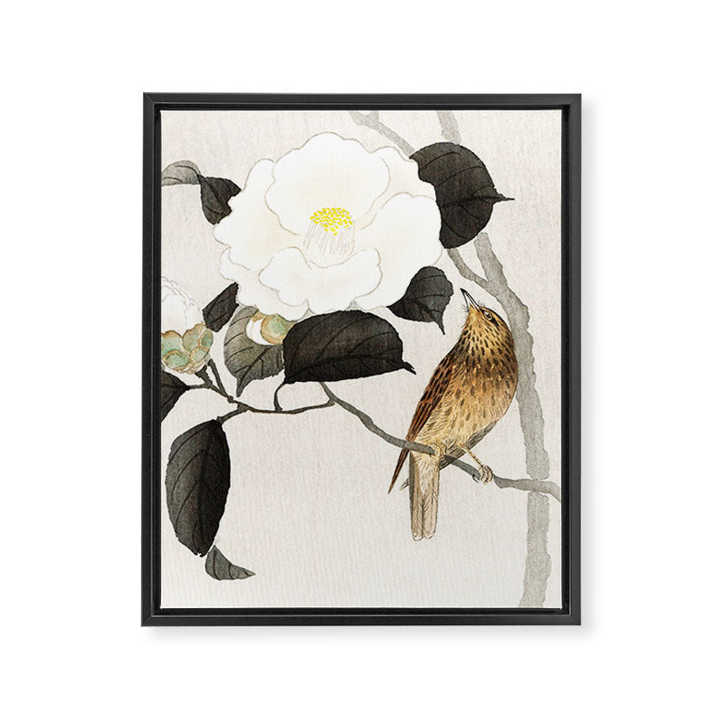 Nightingale on a flowering Camellia - Japanese vintage woodblock print art Framed Canvas Print Gallery Image 6