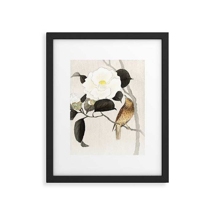 Nightingale on a flowering Camellia - Japanese vintage woodblock print art Framed Art Print Gallery Image 1
