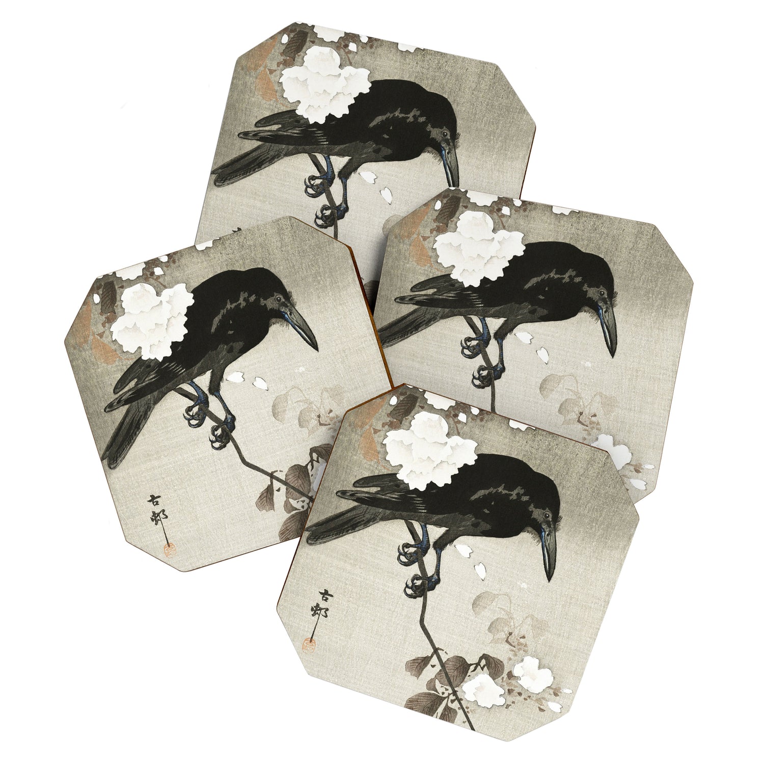 Raven on Cherry tree - Japanese vintage woodblock print Coaster Gallery Image 1