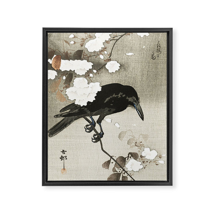 Raven on Cherry tree - Japanese vintage woodblock print Framed Canvas Print Gallery Image 1