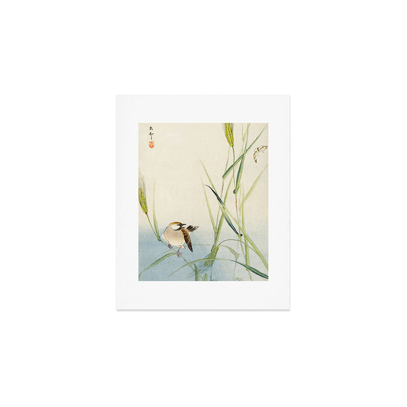 Sparrow and Butterfly  - Vintage Japanese Woodblock Print Art Art Print Gallery Image 1
