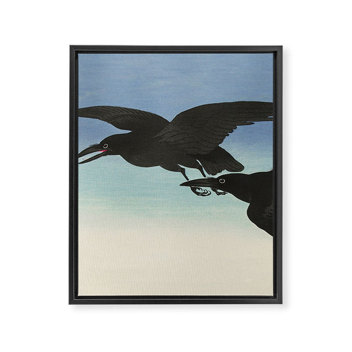 Two Crows mid flight - Vintage Japanese Woodblock Print Art Framed Canvas Print Gallery Image 1