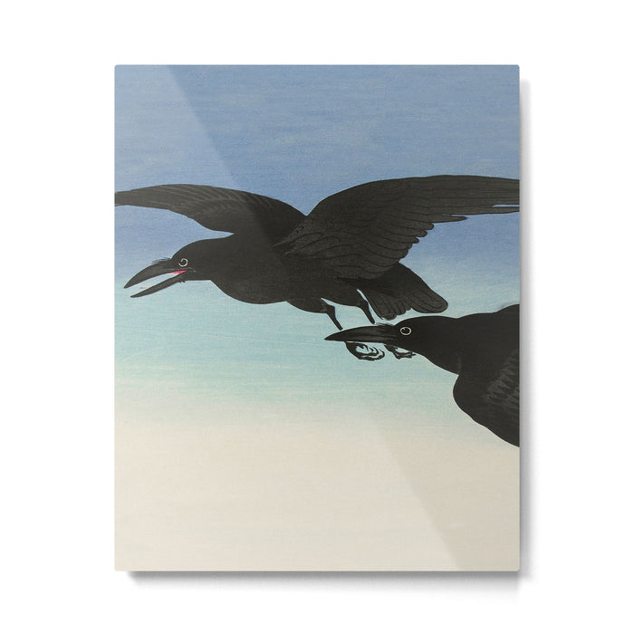 Two Crows mid flight - Vintage Japanese Woodblock Print Art Metal Print Gallery Image 1