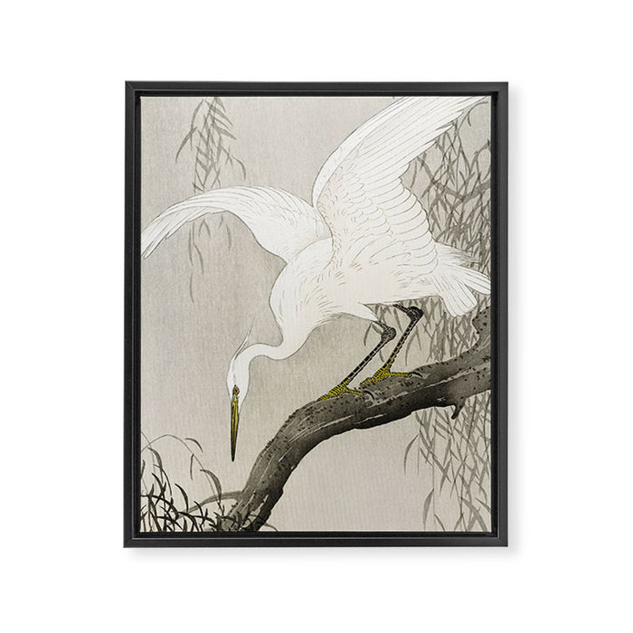 White Heron Sitting On A Tree Branch - Vintage Japanese Woodblock Print Art Framed Canvas Print Gallery Image 1