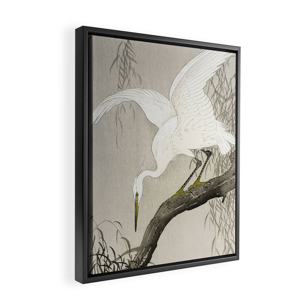 White Heron Sitting On A Tree Branch - Vintage Japanese Woodblock Print Art Framed Canvas Print Gallery Image 2