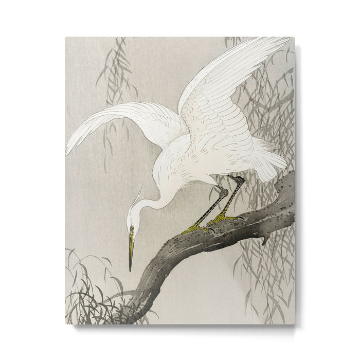 White Heron Sitting On A Tree Branch - Vintage Japanese Woodblock Print Art Metal Print Gallery Image 1